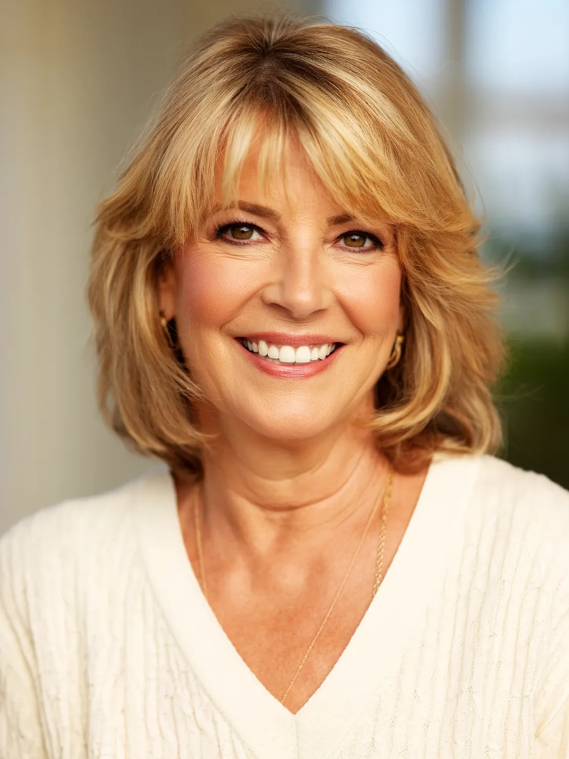 Voluminous Layered Golden Blonde Bob with Side-Swept Bangs